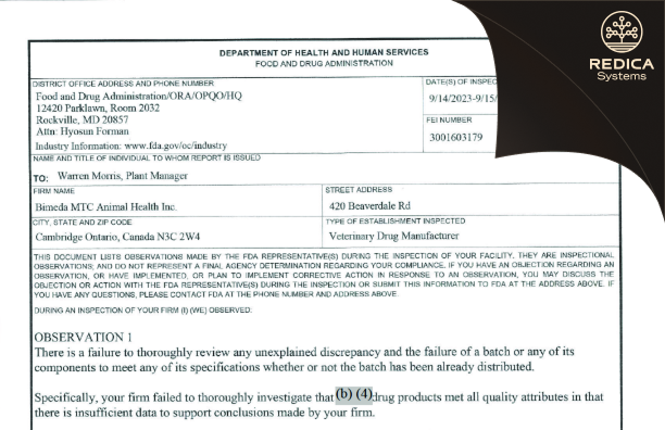 FDA 483 - Bimeda-MTC Animal Health [Cambridge / Canada] - Download PDF - Redica Systems