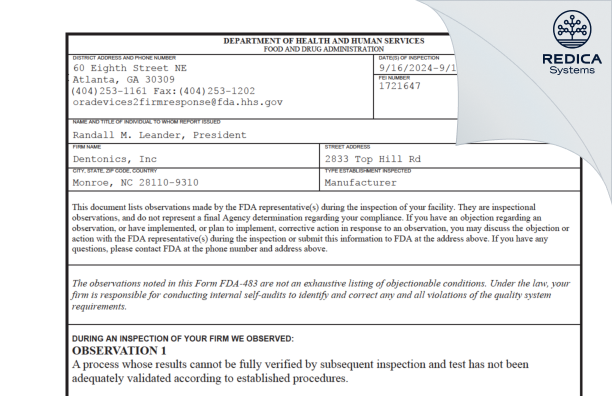 FDA 483 - Dentonics, Inc [Monroe / United States of America] - Download PDF - Redica Systems