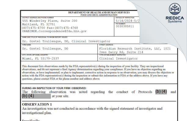 FDA 483 - Dr. Gretel Trullenque, DO [Miami / United States of America] - Download PDF - Redica Systems