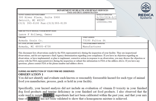FDA 483 - Armada Grain Co. [Armada / United States of America] - Download PDF - Redica Systems